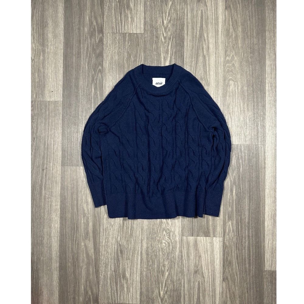 Aerie Womens Small Navy Blue Cable Knit Crewneck Raglan Sleeve Sweater Pullover